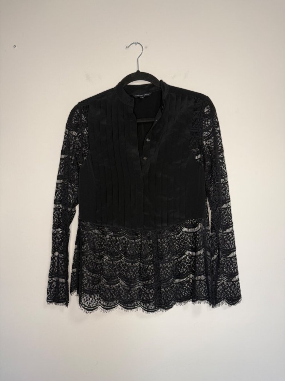 Marissa Webb Pleated Bib Lace Panel Blouse Black XS Womens